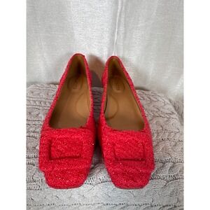 Talbots Red Tweed Square Toe Ballet Flats Women's Size‎ 7M Sparkle Embellished